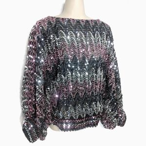 VINTAGE Miss H Chevron Sequin Batwing Sleeve Top Sz M